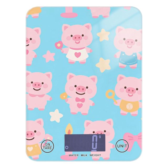 Balance de cuisine numérique avec 4 unités pour la préparation des repas - 5 kg/5 g - Motif cochons roses - Piles non incluses