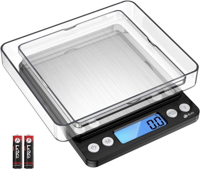 AMIR Balance de Cuisine, Balance de Précision Cuisine, 3kg/0.1g, Balance de Poche de Precision, Écran LCD Rétroéclairé, avec Fonction Tare et Compte, 2 Pallets (Acier Inoxydable&Noir)