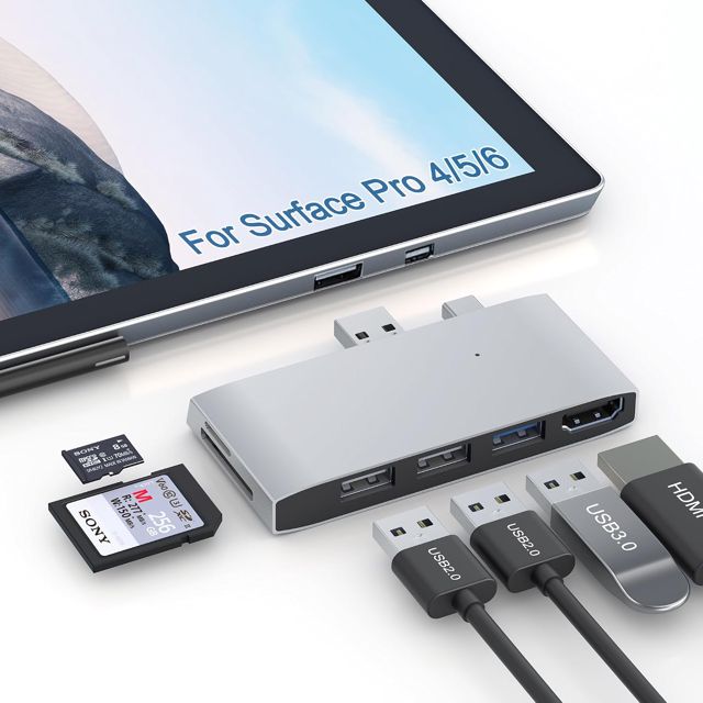6 en 2 Hub USB Surface Pro 4/Pro 5/Pro 6 Station d'accueil, Adaptateur Surface onvertisseur de Port HDMI 4K Accessoires avec SD/TF Lecteur de Carte, Ports USB 3.0, pour Microsoft Surface Pro 6/5/4