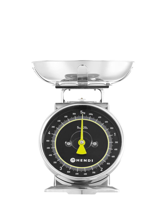 HENDI Balance de cuisine mécanique – Cadran analogique – Capacité 5kg, Graduation 20g – 207x231x(H)254mm – Acier inoxydable