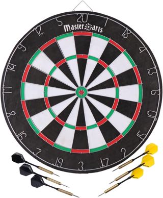 MasterArts Cible Fléchette – Jeu de Flechette 45 cm – avec 6 Projectiles À Pointe Métallique – Cible Double‑Face – avec Crochet De Suspension – Amusement chez Soi Ou Pub