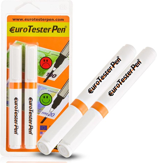 Euro Tester Pen – Stylo Detecteur Faux Billets, euros, Professionnel, Verificateur de Billet, Fonctionne sur Euro, Dollar, Livre Sterling et Devises Internationales – Made in Italy (2 Unités)