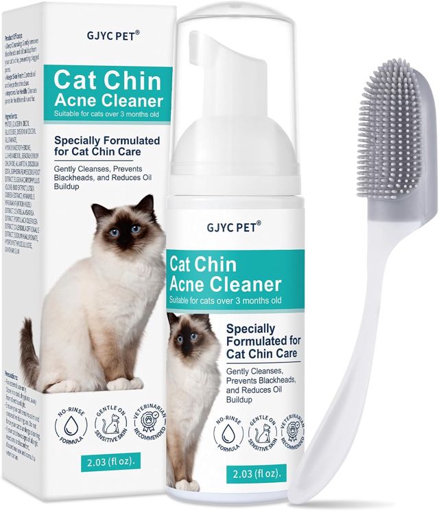 Décapant de l'acné du menton pour chat, nettoyant pour points noirs du menton de chat, formule en mousse à rincer avec des ingrédients doux avec brosse de massage nettoyante