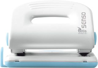 Perforatrice de bureau en métal bleu et blanc - 25 feuilles - Capacité de perforation - Rail de butée avec formats - Perforatrice en métal - Diamètre des trous : 6 mm - Espacement des trous : 8 cm -