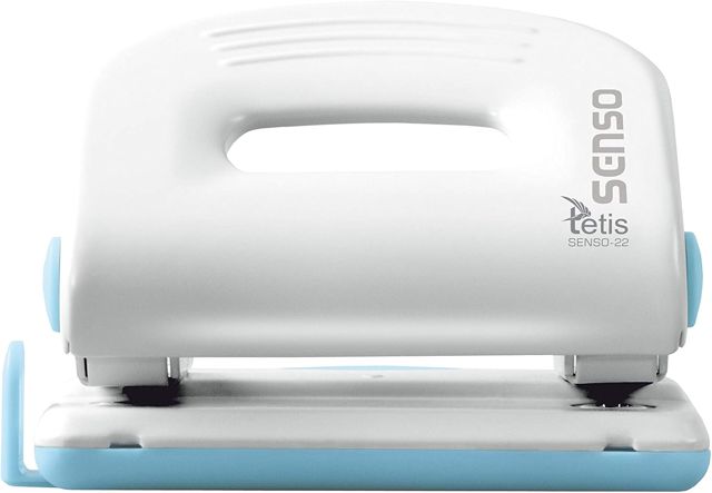 Perforatrice de bureau en métal bleu et blanc - 25 feuilles - Capacité de perforation - Rail de butée avec formats - Perforatrice en métal - Diamètre des trous : 6 mm - Espacement des trous : 8 cm -