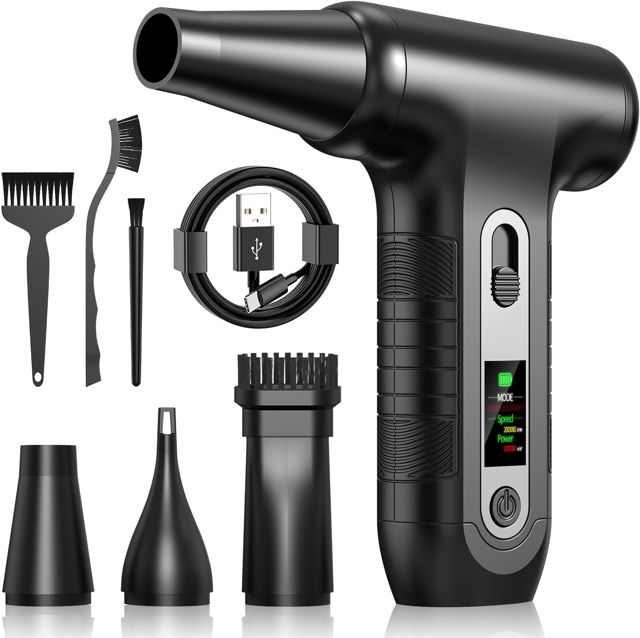 Souffleur Air Comprimé avec Écran Numérique HD - Air Duster 200000 RPM avec Lumière LED, Mini Souffleur PC Voiture 6000 mAh, Air Comprimé Bombe Air Sec Nettoyage PC Clavier Électronique, W06, Noir