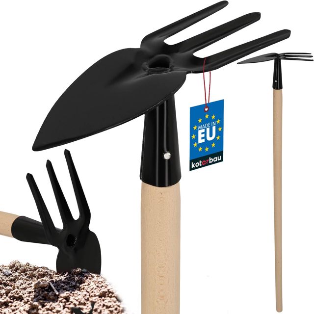 KOTARBAU® Binette de jardin en acier avec manche en bois - 103 cm - Noir - Avec 3 dents - Binette à mauvaises herbes - Avec manche - Outils de jardinage