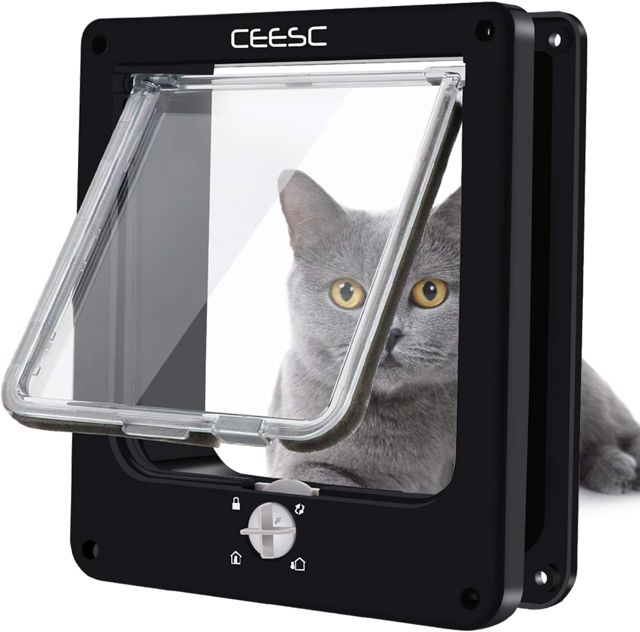 CEESC Chatière pour Chat, Porte pour Animaux de Compagnie magnétique avec Serrure rotative à 4 Voies pour Chats, Chatons et Chatons, Version améliorée (Taille intérieure: 19,5 x 18 x 5,5 cm, Blanc)