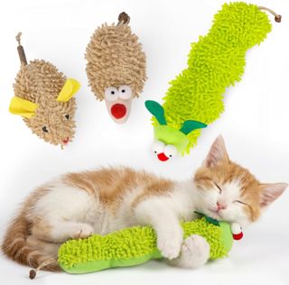 Jouets pour Chats, Lot de 3 Jouets interactifs en Peluche pour Chatons d'intérieur, Jouet à mâcher pour Nettoyer Les Dents, Chenille, Souris et hérisson en Peluche résistants aux morsures