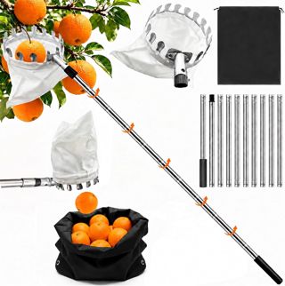 Cueilleuse à fruits avec manche télescopique de 4 m - Diamètre : 16 cm - Avec sac en coton - En acier inoxydable - Pour cerises, prunes, fruits