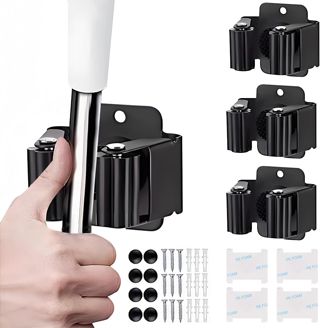 Lot de 4 supports muraux pour balai en acier inoxydable avec vis pour salle de bain, cuisine, bureau, armoire, jardin, garage (noir)