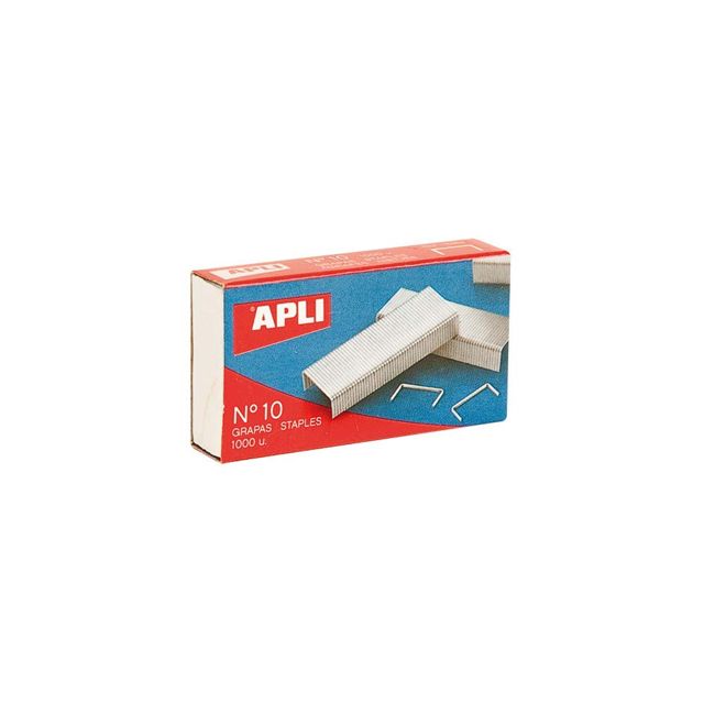 APLI 13464 - Agrafes n°10 galvanisées pour agrafeuse, 1 000 unités, capacité 10 feuilles, couleur argent.