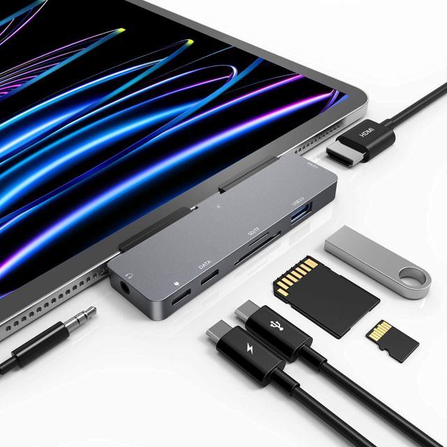 Hub USB C pour iPad Pro, Adaptateur 7-en-1 pour iPad Pro M4 M2 M1 13 12.9 11 Station d’Accueil iPad Air avec 4K HDMI, USB-C, Lecteur de Carte SD/TF, USB 3.0, 3,5 mm AUX, iPad Mini 6 Accessoires