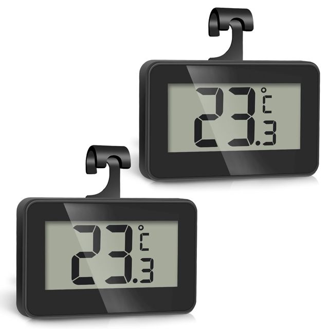 Romon Thermomètre Frigo, 2 Pièce Thermometre Numérique Mini Digital LCD Thermomètre avec Crochet, Thermometre Congelateur Température Capteur Testeur pour Réfrigérateur Cuisine Congélateurs, Blanc