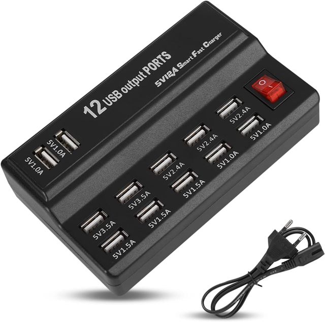 Station de Charge USB 12 Ports, 5V 10A Adaptateur Secteur Hub Chargeur USB Multi Ports Portable pour Adapté Téléphone Tablette et Autres Appareils de Charge (EU)