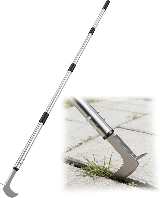 Couteau désherbeur Manuel – Désherbeur pour Pavés et Terrasses, Manche Réglable 145cm avec Lame Dentelée en L et Brosse, Pour cour, pelouse, terrasse, jardin, désherbeur Ergonomique
