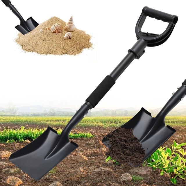 Pelle de jardin avec manche - 77 cm - Robuste - Pour creuser - Pelle de jardin carrée en métal pour le jardin, grand commerce D - Pelle de plage - Pelle à neige pour voiture