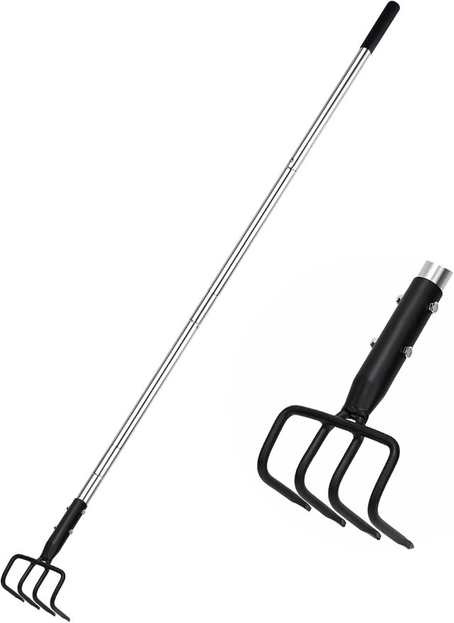 BARAYSTUS Râteau à griffes de jardin et cultivateur à 4 dents avec longue poignée réglable pour l'aération du sol, creuser et désherber