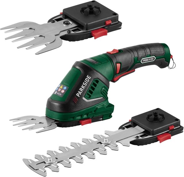 HKM Akku Technik Parkside PGSA 4 Ciseaux à gazon et arbustes Alimenté par pile,sans fil avec poignée souple rotative Chargeur USB,Vert