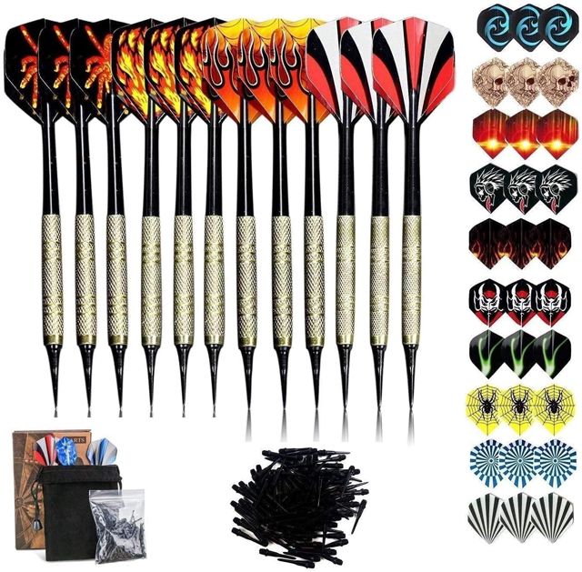 Flechette Pointe Plastique, 12 Fléchettes avec 42 Ailettes et 100 Pointes, Set de Flechettes à Pointe Souple pour Cible de Flechette Electronique