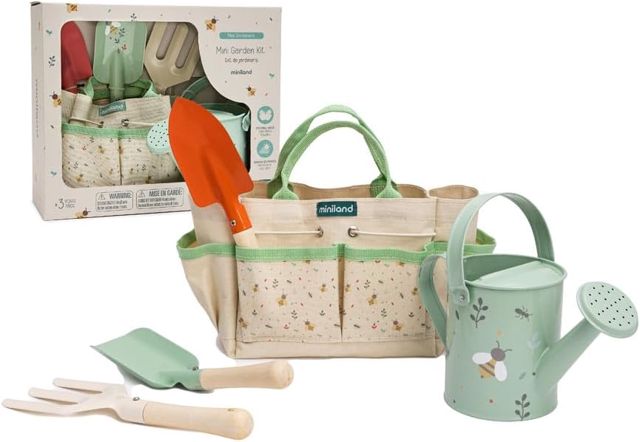 Miniland Set de Jardinage Enfant - Outils de Jardinage avec Sac, Pelle, Transplantoir, Râteau et Arrosoir, Jeu Éducatif pour Découvrir Les Plantes, Dès 3 Ans