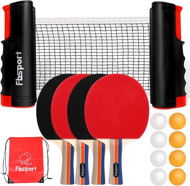 Set Ping Pong avec 4 Raquettes, Rétractable Filet Ping Pong pour Table, 8 Balles et 1 Sac de Transport, Tennis de Table Set pour Intérieur Extérieur Enfants Adultes