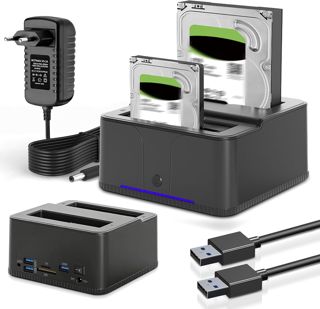 HDD Docking Station, USB3.0 Station d'accueil pour Disque Dur pour 2,5 et 3,5 Pouces SATA HDD/SSD, 32 to avec Lecteur de Cartes SD/TF, Double Baie, Prise en Charge de Clone Hors Ligne,UASP