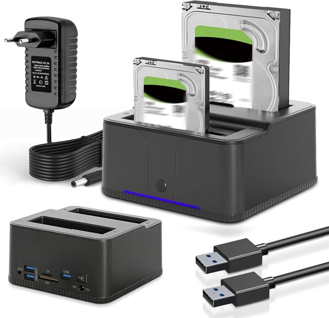 HDD Docking Station, USB3.0 Station d'accueil pour Disque Dur pour 2,5 et 3,5 Pouces SATA HDD/SSD, 32 to avec Lecteur de Cartes SD/TF, Double Baie, Prise en Charge de Clone Hors Ligne,UASP