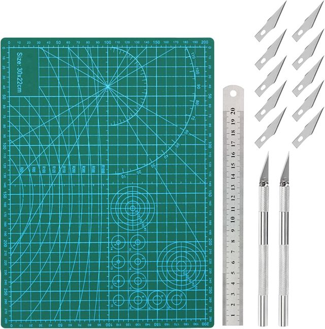 MIPIAC Tapis de Decoupe A4 Auto-Cicatrisant Cutting Mat Double Face avec Règle en acier avec 2 Scalpel de Découpe et 10 Lames de Rechange pour Bricolage Artisanat Scrapbooking