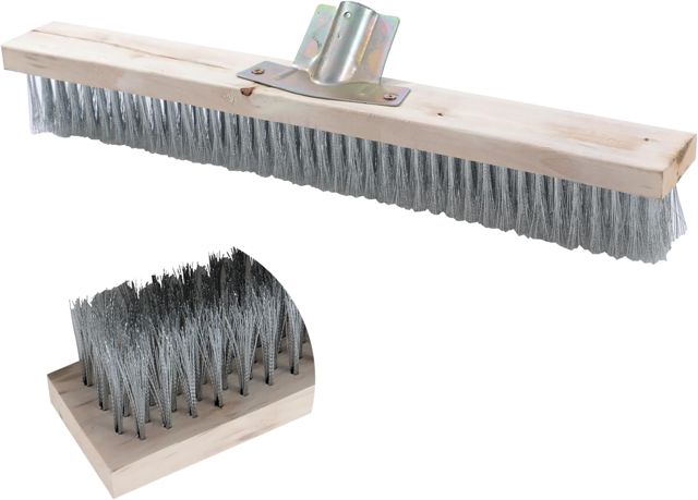 TOPWAY Tête de balai en fil d'acier inoxydable de 45 cm avec dos en bois et support plaqué zinc pour extérieur, jardin, terrasse, balayage, mauvaises herbes, pavés, allées
