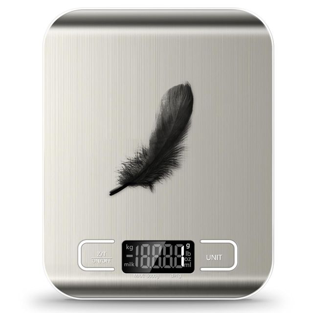 Balance de cuisine intelligente de 5 kg, avec surface en acier inoxydable, conversion de 6 unités (comprend 2 piles AAA)