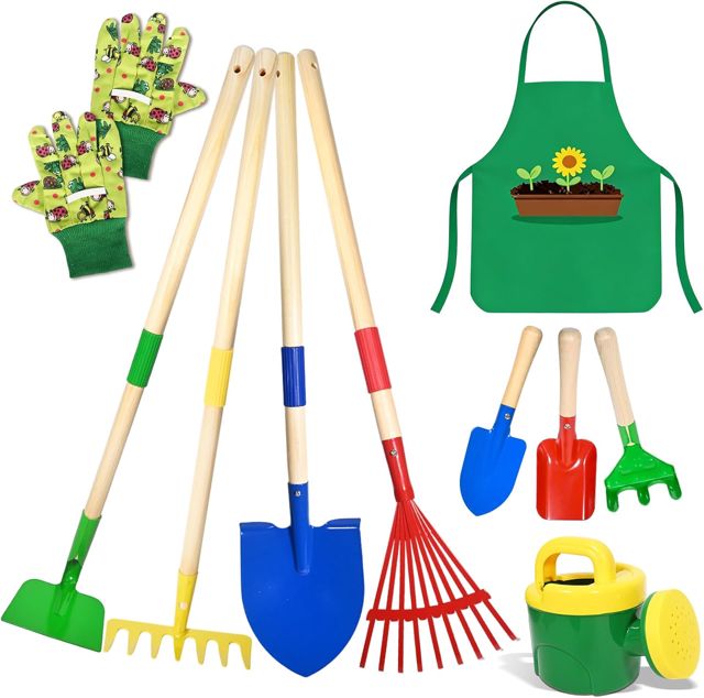 Outils Jardinage Enfant, 10 Kit Jardin Métal avec Pelle, Râteau, Fourche, Gants de Travail, Tablier, Arrosoir, Ensemble Complet de Jardinage pour Enfants, Jardin Extérieur, Cour, Pelouse (B)