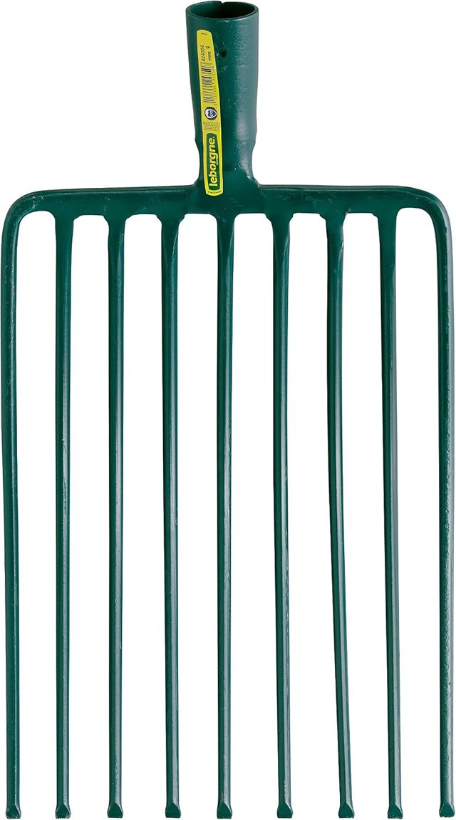 LEBORGNE - Fourche Cailloux Douille 9 Dents - Acier Forgé et Trempé - Dents Extérieures Surélevées - Sans Manche - Largeur 26 cm - Pour Foin et Déchets Végétaux - Jardinage Professionnel