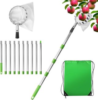 Cueille Fruit Telescopique de 4 m avec Poteau en Acier Inoxydable et Sac en Coton, Cueilleur de Fruits Amovible, adapté à la cueillette de Pommes, Cerises, Cueille Fruit Télescopique