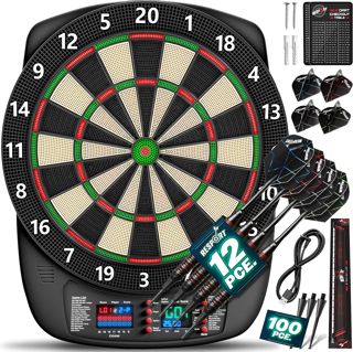 RE:SPORT® Cible de fléchettes électronique professionnelle avec 12 flèches + 24 ailettes Pro + 100 pointes de fléchettes et accessoires | Machine à fléchettes E pour 1 à 8 joueurs avec 427 variantes |