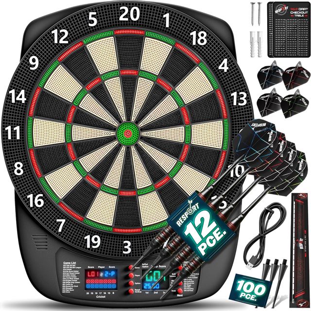 RE:SPORT® Cible de fléchettes électronique professionnelle avec 12 flèches + 24 ailettes Pro + 100 pointes de fléchettes et accessoires | Machine à fléchettes E pour 1 à 8 joueurs avec 427 variantes |