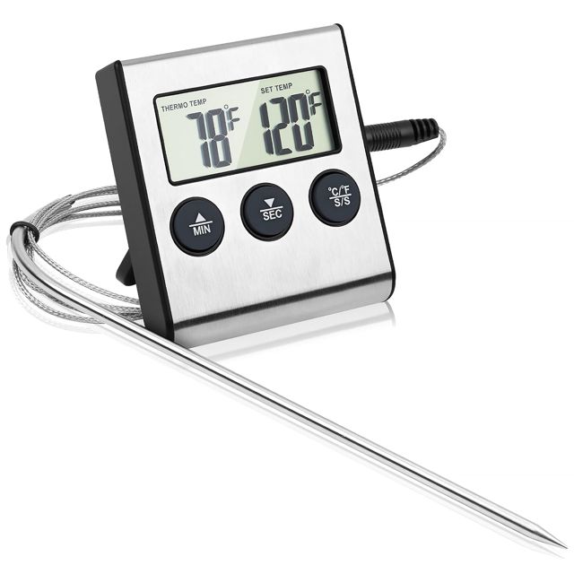 Thermomètre numérique à viande avec sonde alimentaire de 13 cm, minuterie