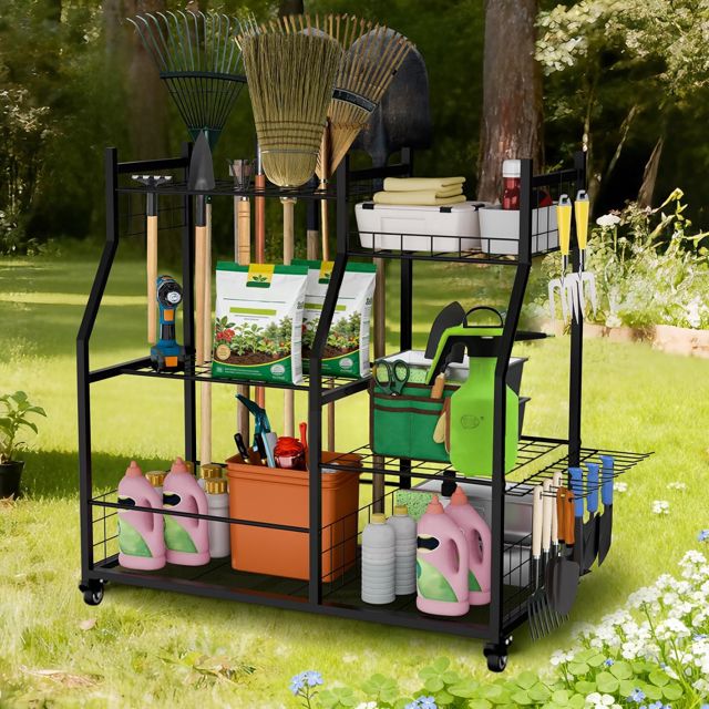 unho Support Rangement Outils de Jardin 45 Emplacements avec Crochets, Porte-outils Garage en Métal sur Roulettes, pour Râteaux,Balais Outils à Long Manche