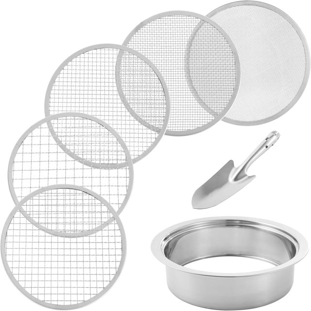 Tamis de sol en acier inoxydable pour jardinage avec 5 tailles de 20,3 cm de diamètre 1/3/6/9/12 mm, mailles interchangeables – Tamis de rempotage de jardin avec pelle – Tamis de terre de plantation