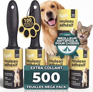 Tydi Rouleaux Anti-Peluches pour Poils d'animaux, 5 Rouleaux de 100 Feuilles, 2 Poignées Incluses