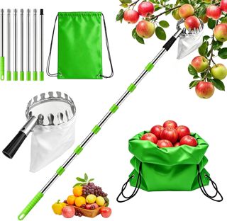 4M Cueille Fruit Telescopique, Vert Perche pour Cueillir Les Fruits en Acier Inoxydable avec Sac en Tissu, Ramasse Pomme pour Pommes, Poires, Oranges, Pêches