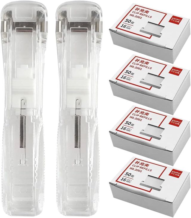 PRETYZOOM Lot de 2 Set de Set de Agrafeuses de Bureau Transparentes sans Perforation Distributeur de Trombones Réutilisables 200 Pièces, Mini Agrafeuses Portables pour Style Plusieurs styles