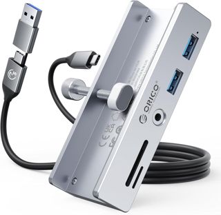ORICO Hub USB 3.0, Hub USB à Pince avec Port d'alimentation 5V 3A, Adaptateur USB C en Aluminium avec 2 Ports de données USB-A, Auxiliaire 3,5 mm, Lecteur de Carte SD/TF pour Ordinateur de