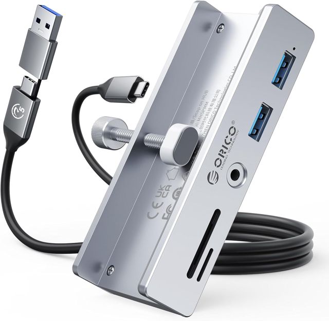 ORICO Hub USB 3.0, Hub USB à Pince avec Port d'alimentation 5V 3A, Adaptateur USB C en Aluminium avec 2 Ports de données USB-A, Auxiliaire 3,5 mm, Lecteur de Carte SD/TF pour Ordinateur de