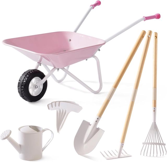 ROBUD Brouette en métal pour enfants avec outils de jardin pour enfants, brouette avec pelle longue, hache, râteau, arrosoir, étiquettes pour plantes, outils de jardinage pour filles et garçons à