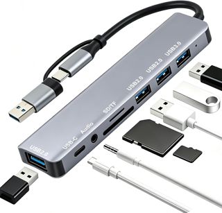 Hub USB C 8 en 2, USB 3.0 Multiport avec Lecteur de USB 3.0, USB 2.0