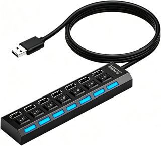 Hub USB 7 Ports, Hub avec Interrupteurs LED Individuels, Concentrateur Multiprise USB 2.0 pour PC Mac Laptop Souris Clavier Disque Dur, Imprimante, Transfert de Données 480 Mbps, Compact et Portable