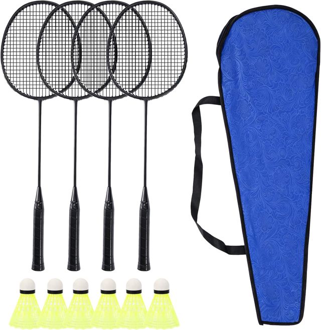 4 Pièces Raquettes de Badminton Adultes, Set Badminton Léger avec Volants et Sac de Transport, Cadre Acier, Poignée PU, Mélange, pour Débutants, Loisir Intérieur Extérieur