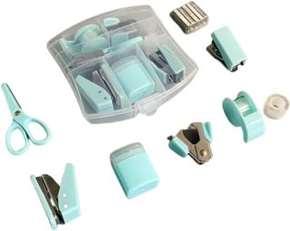 Kit de fournitures de bureau 8 pièces, ensemble d'accessoires de bureau mignons, ensemble d'agrafeuse d'école, mini trousse de fournitures de bureau portable avec ciseaux (bleu)