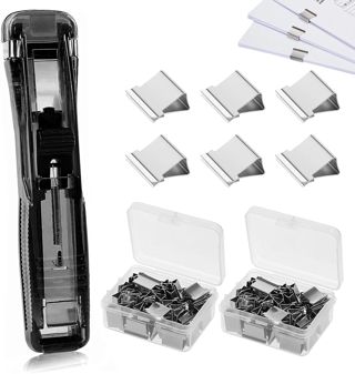 Agrafeuse Sans Agrafe Réutilisable – Avec 100 Clips de Rechange – Pour Relier des Feuilles – Noire – Pour Bureau, École, Gestion de Câbles